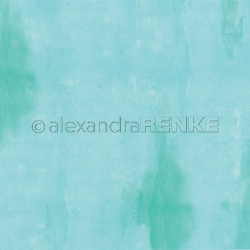 Helle türkisfarbene Aquarellstruktur mit zartgrünen Flecken und einem sichtbaren © Alexandra Renke-Wasserzeichen in der Mitte – ideal für Papierprojekte mit Designpapier aus der Kollektion „Herbst ruhiges Türkis“ von Alexandra Renke.