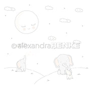 Minimalistisches Alexandra Renke Designpapier: zwei große und ein kleiner Elefant auf einem Hügel, darüber lächelnde Sonne und Wolken. Perfekt für einzigartige Papierprojekte-fröhliche Elefanten, die nach oben schauen, machen dies ideal für kreative Bastelarbeiten.