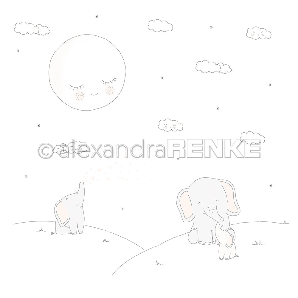 Minimalistisches Alexandra Renke Designpapier: zwei große und ein kleiner Elefant auf einem Hügel, darüber lächelnde Sonne und Wolken. Perfekt für einzigartige Papierprojekte-fröhliche Elefanten, die nach oben schauen, machen dies ideal für kreative Bastelarbeiten.