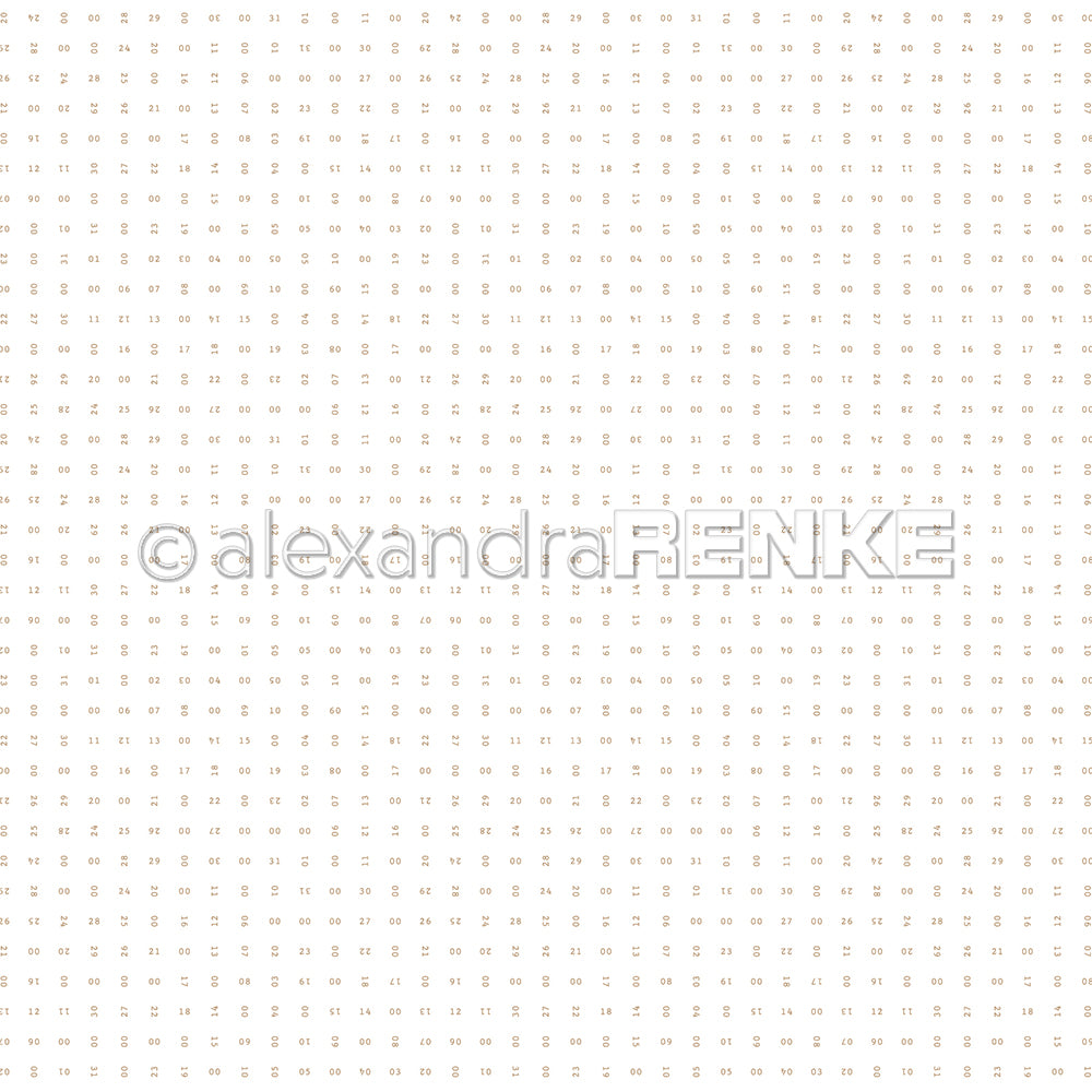 Kleine, gleichmäßig verteilte Zahlen in Hellbraun auf weißem Hintergrund bilden ein dezentes Rastermuster – perfekt als Designpapier für Ihre Papierprojekte oder für alle, die sich von einer stilvollen Zahlenmatrix von Alexandra Renke inspirieren lassen.