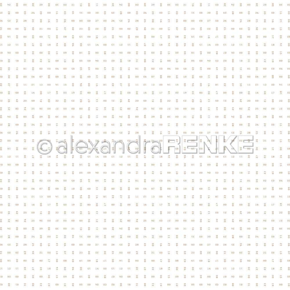 Auf weißem Hintergrund sind in gleichmäßigen Abständen graue Zahlen von 1 bis 31 zu sehen, die sich quer über das Design wiederholen - ideal für Designpapier, Grußkarten oder Papierprojekte von Alexandra Renke.