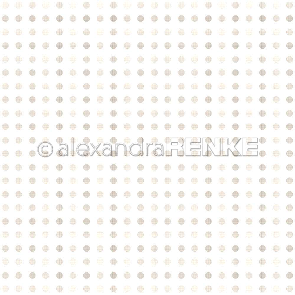 Ein Raster aus kleinen beigen Punkten auf weißem Hintergrund mit einem Wasserzeichen von Alexandra Renke - das perfekte Designpapier, um Ihre Kreativität für einzigartige Papierprojekte zu inspirieren.