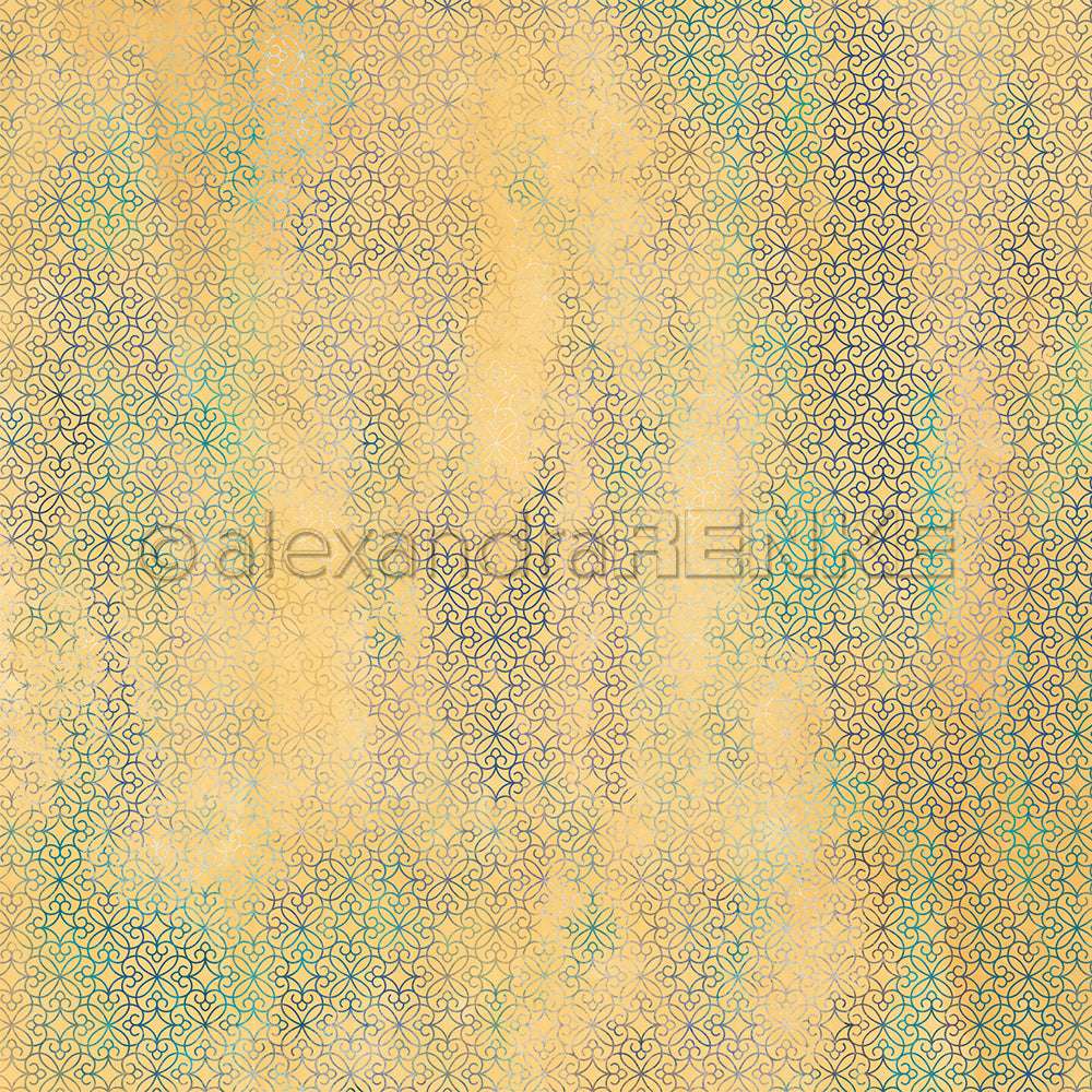 Verblichener gelber Hintergrund mit einem verschlungenen geometrischen Muster in gedämpftem Grün und Braun - perfektes Designpapier von Alexandra Renke für Buchbinderei oder kreative Papierprojekte.