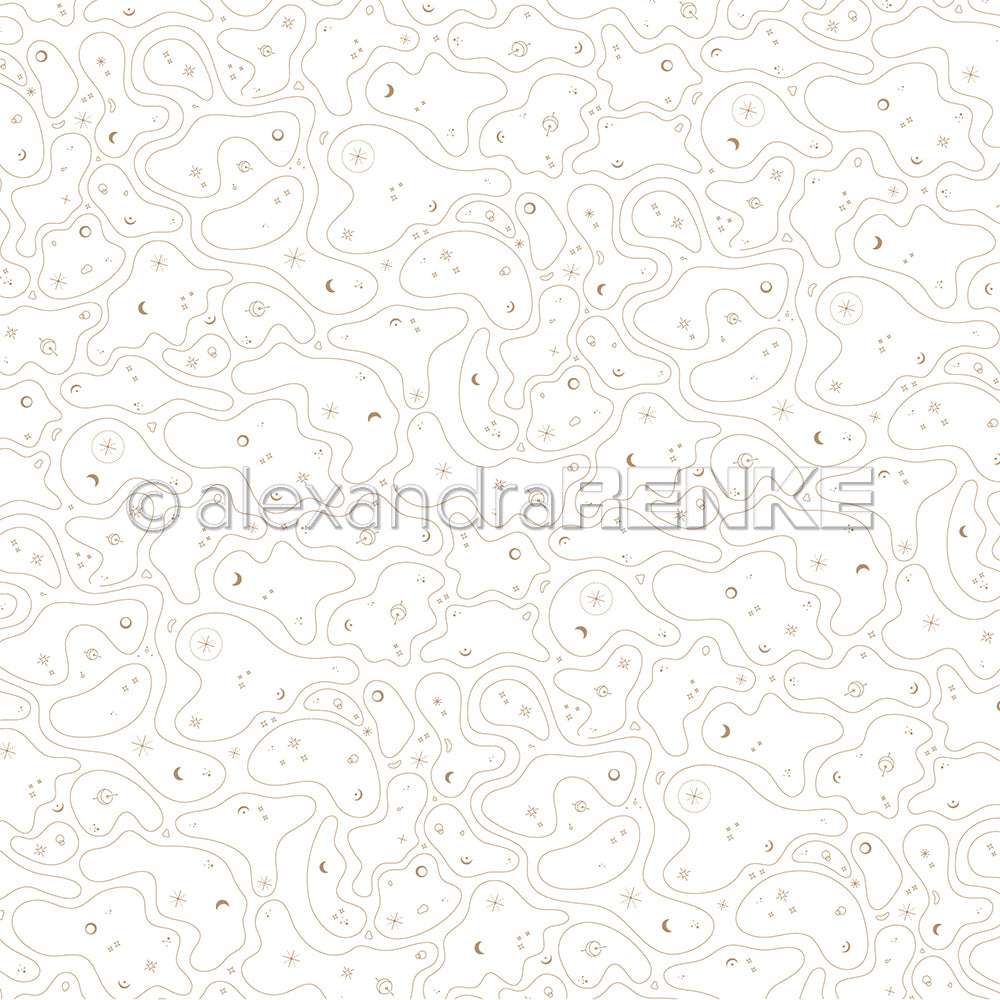 Abstraktes nahtloses Muster mit Wellenlinien, Sternen, Monden und Punkten auf weißem Grund - ideales Designpapier von Alexandra Renke für Papierprojekte oder zur Gestaltung einzigartiger Grußkarten.