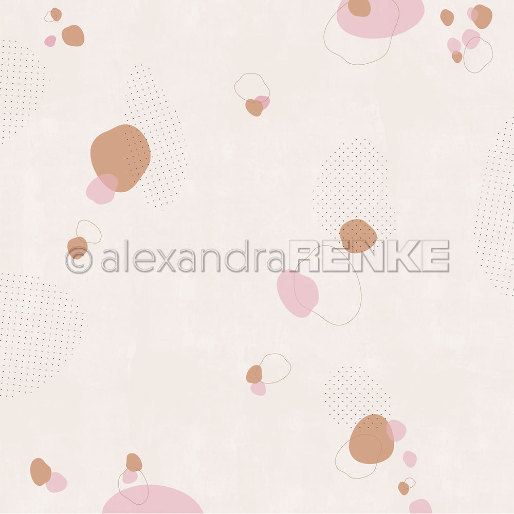 Abstraktes Muster mit rosa, braunen und beigen Klecksen, gepunkteten Strukturen und einem hellen Hintergrund - perfekt für Grußkarten oder kreative Papierprojekte mit Alexandra Renke Designpapier.