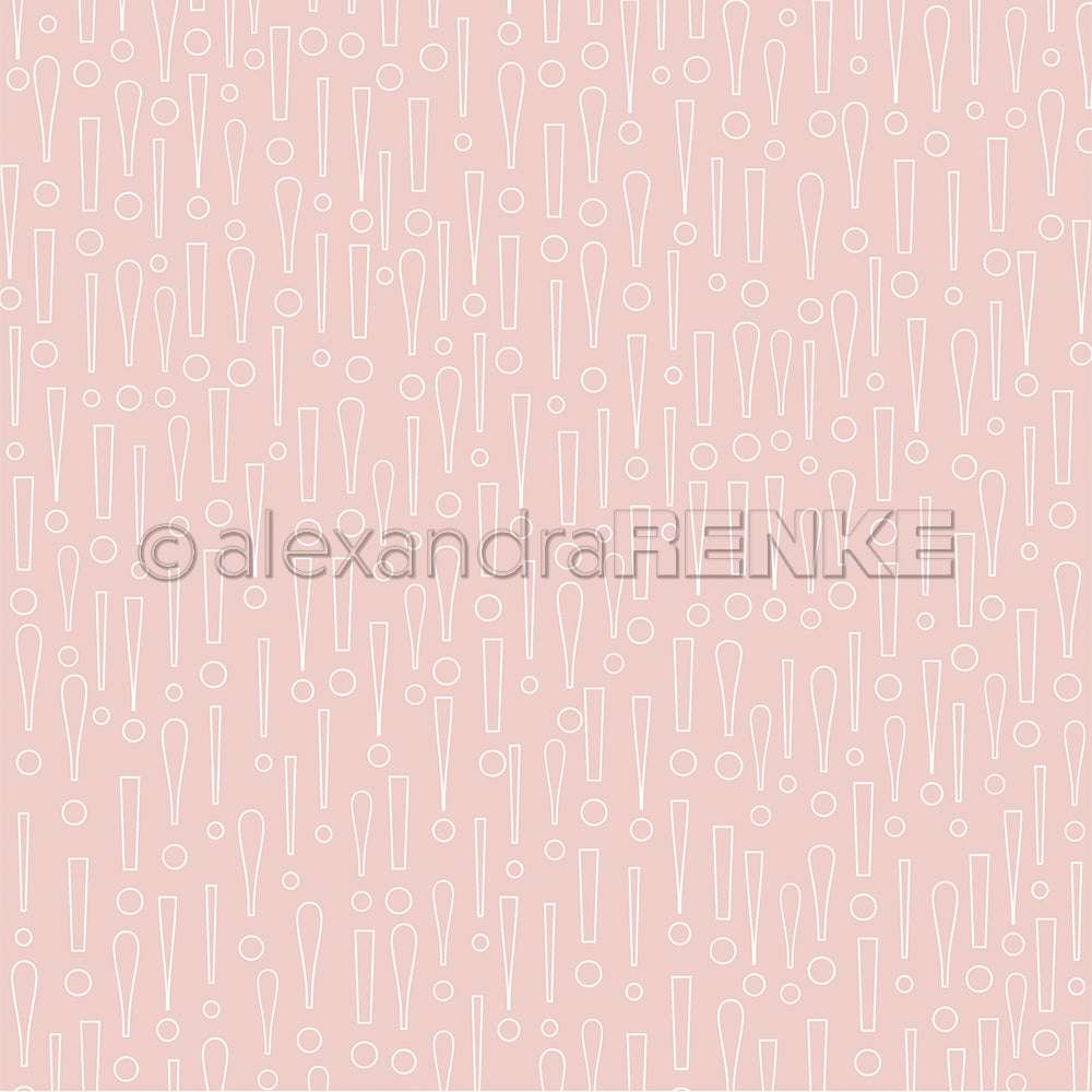 Zartrosa Hintergrund mit einem Muster aus weiß umrandeten Ausrufezeichen und Kreisen - perfekt als einzigartiges Designpapier für Papierprojekte oder Buchbinderei von Alexandra Renke.