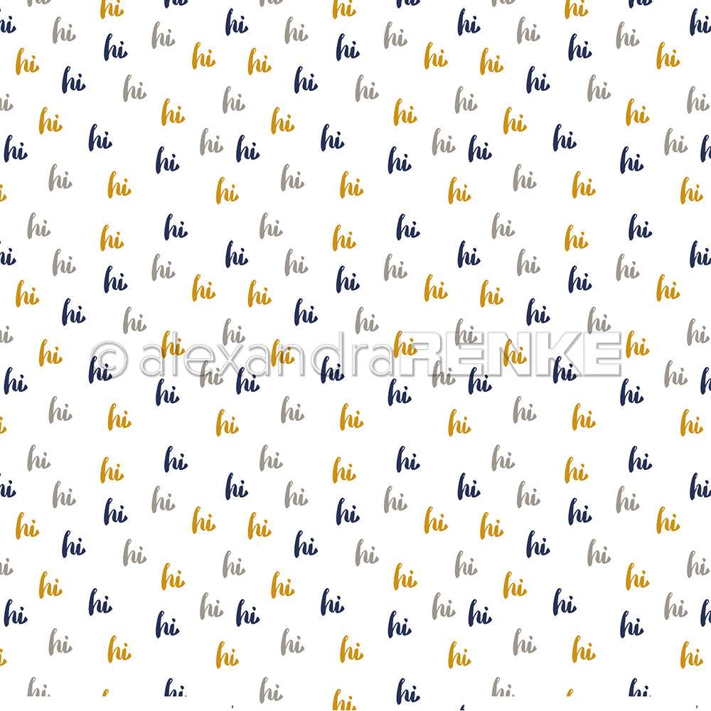 Ein Muster des Wortes "Hi" in Schwarz, Grau und Gelb auf Weiß - ideale Grußkarten oder kreatives Designpapier für Ihre Papierprojekte von Alexandra Renke.