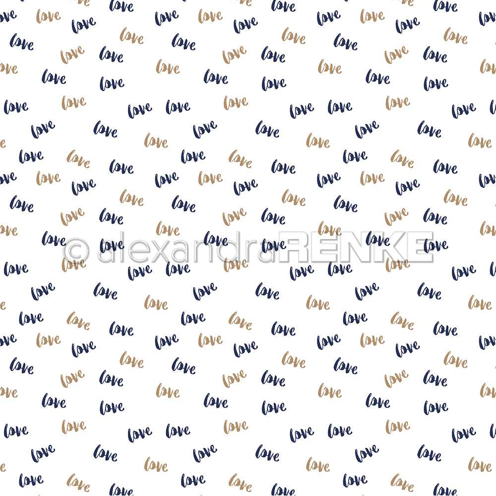 Ein sich wiederholendes Muster von "Liebe" in blauer und goldener Schreibschrift auf Weiß von Alexandra Renke - ideales Designpapier für Papierprojekte oder handgefertigte Grußkarten.