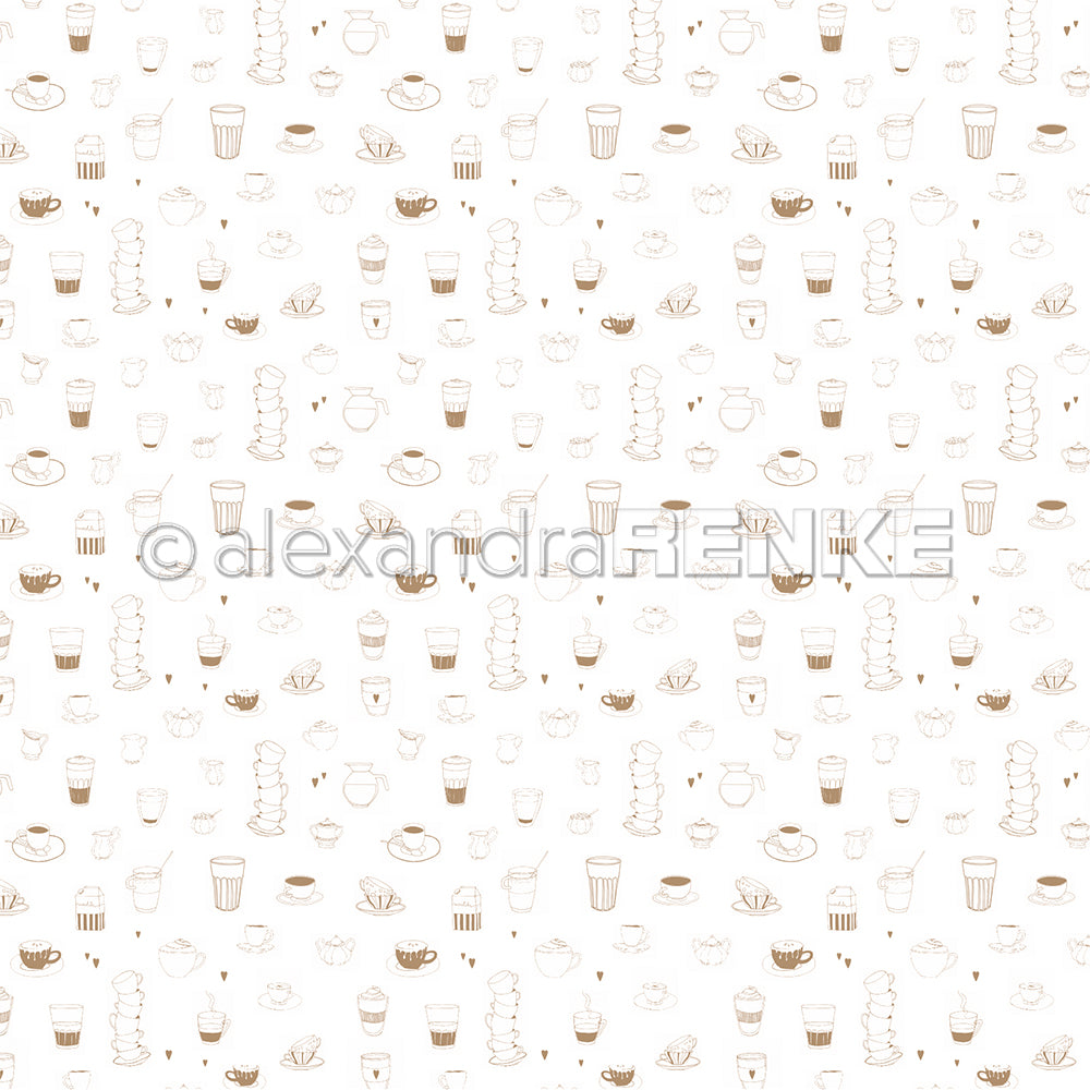 Motiv mit handgezeichneten Kaffeetassen, Bechern und Kaffeekannen in Hellbraun auf weißem Hintergrund – das perfekte Designpapier von Alexandra Renke für „Kaffee Rapport“ oder Ihre kreativen Papierprojekte.