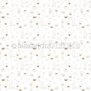 Motiv mit handgezeichneten Kaffeetassen, Bechern und Kaffeekannen in Hellbraun auf weißem Hintergrund – das perfekte Designpapier von Alexandra Renke für „Kaffee Rapport“ oder Ihre kreativen Papierprojekte.