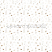 Nahtloses Muster von Alexandra Renke mit handgezeichneten Kaffeetassen, Bechern und Teekannen in Hellbraun auf Weiß - ideal für Grußkarten oder Designpapier in Ihren kreativen Papierprojekten.