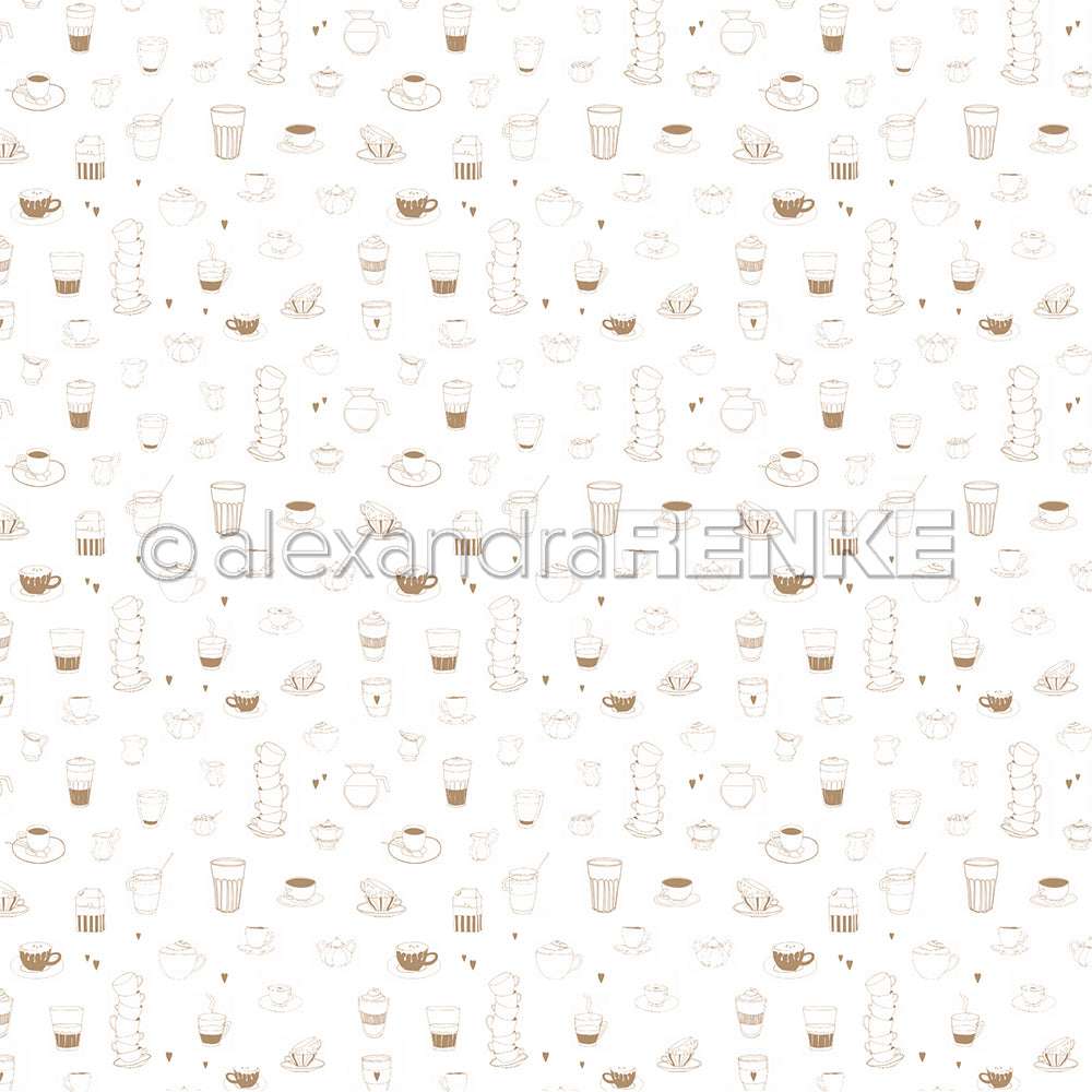 Nahtloses Muster von Alexandra Renke mit handgezeichneten Kaffeetassen, Bechern und Teekannen in Hellbraun auf Weiß - ideal für Grußkarten oder Designpapier in Ihren kreativen Papierprojekten.