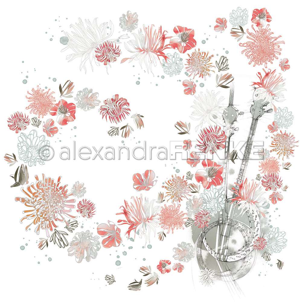 Die zarte florale Illustration von Alexandra Renke zeigt zartrosa, korallenrote und graue Blumen, die zwei traditionelle Streichinstrumente umgeben - ideal für Grußkarten oder Papierprojekte.