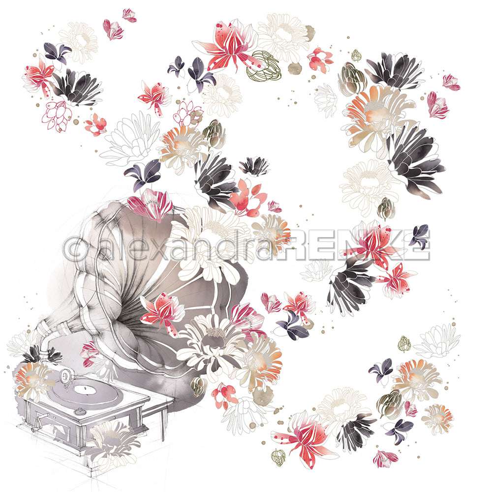 Ein altes Grammophon von Alexandra Renke zeigt bunte, wirbelnde Blumen und Blütenblätter aus Designpapier, die das Horn vor einem weißen Hintergrund umgeben.