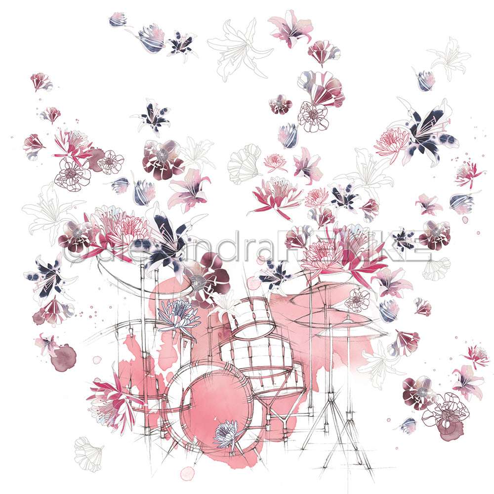 Ein rosafarbenes und lilafarbenes Blumenmuster umrahmt ein skizzenhaftes, ideales Designpapier von Alexandra Renke für Musik Blüten-Schlagzeug Papierprojekte auf Weiß.