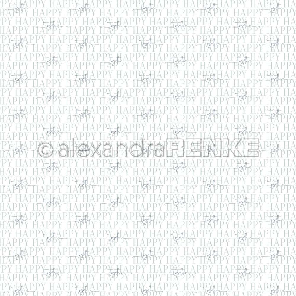 Wiederholtes Wort HAPPY in Grau mit schwachen Pferdezeichnungen überlagert - perfektes Alexandra Renke Designpapier für einzigartige Papierprojekte oder kreative buchbinderische Anwendungen.