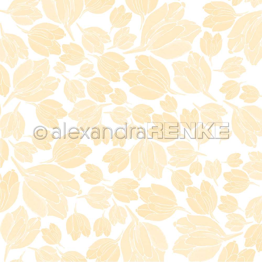 Das hellgelbe, pastellfarbene Blüten Muster von Alexandra Renke zeigt verschiedene Blumen und Blätter auf Weiß, ideal für Papierprojekte und elegante Designpapier-Kreationen.