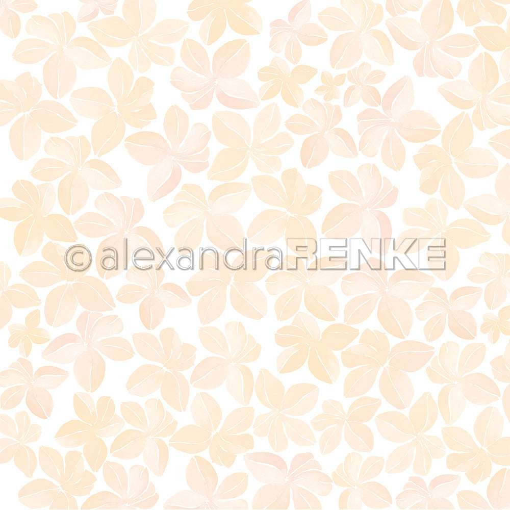 Alexandra Renke's Seamless Blüten Muster Pastellorange zeigt hellbeige und pfirsichfarbene Aquarellblumen mit überlappenden Blütenblättern auf weißem Designpapier für Papierprojekte.