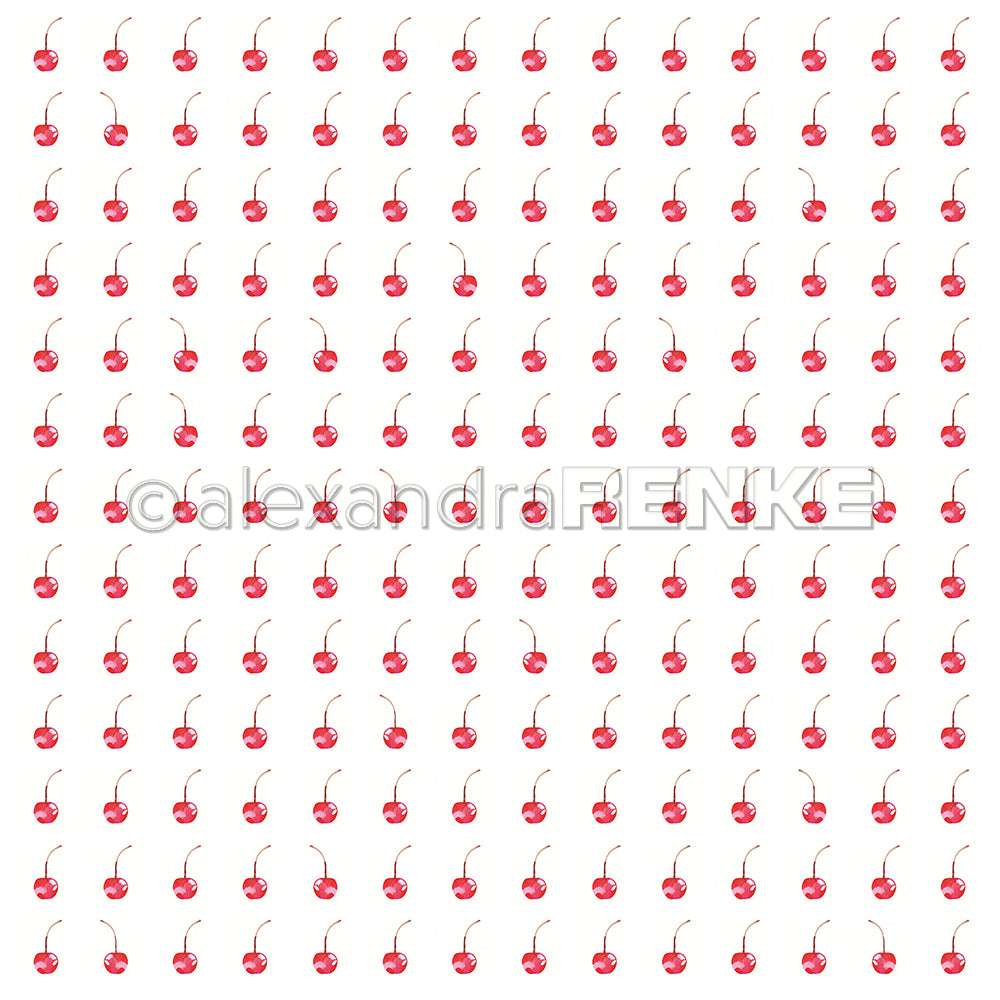 Ein Gitter aus roten Kirschen mit Stielen, gleichmäßig verteilt auf weißem Hintergrund - ein charmantes Motiv von Alexandra Renke, perfekt für Designpapier oder Papierprojekte.