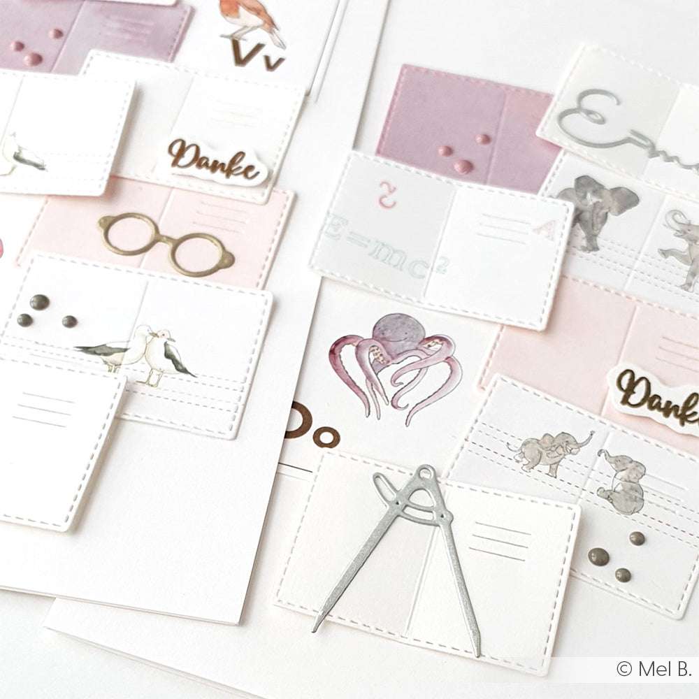 Die handgefertigten Karten von Alexandra Renke zeigen Buchbinderei-Techniken mit Zeichnungen von Tieren, Gläsern und Zirkeln auf rosa und weißen Designpapier-Hintergründen.