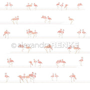 Reihen von illustrierten rosa Flamingos in Paaren und kleinen Gruppen auf weißem Hintergrund mit schwachen gepunkteten Linien, perfekt als einzigartiges Designpapier von Alexandra Renke.