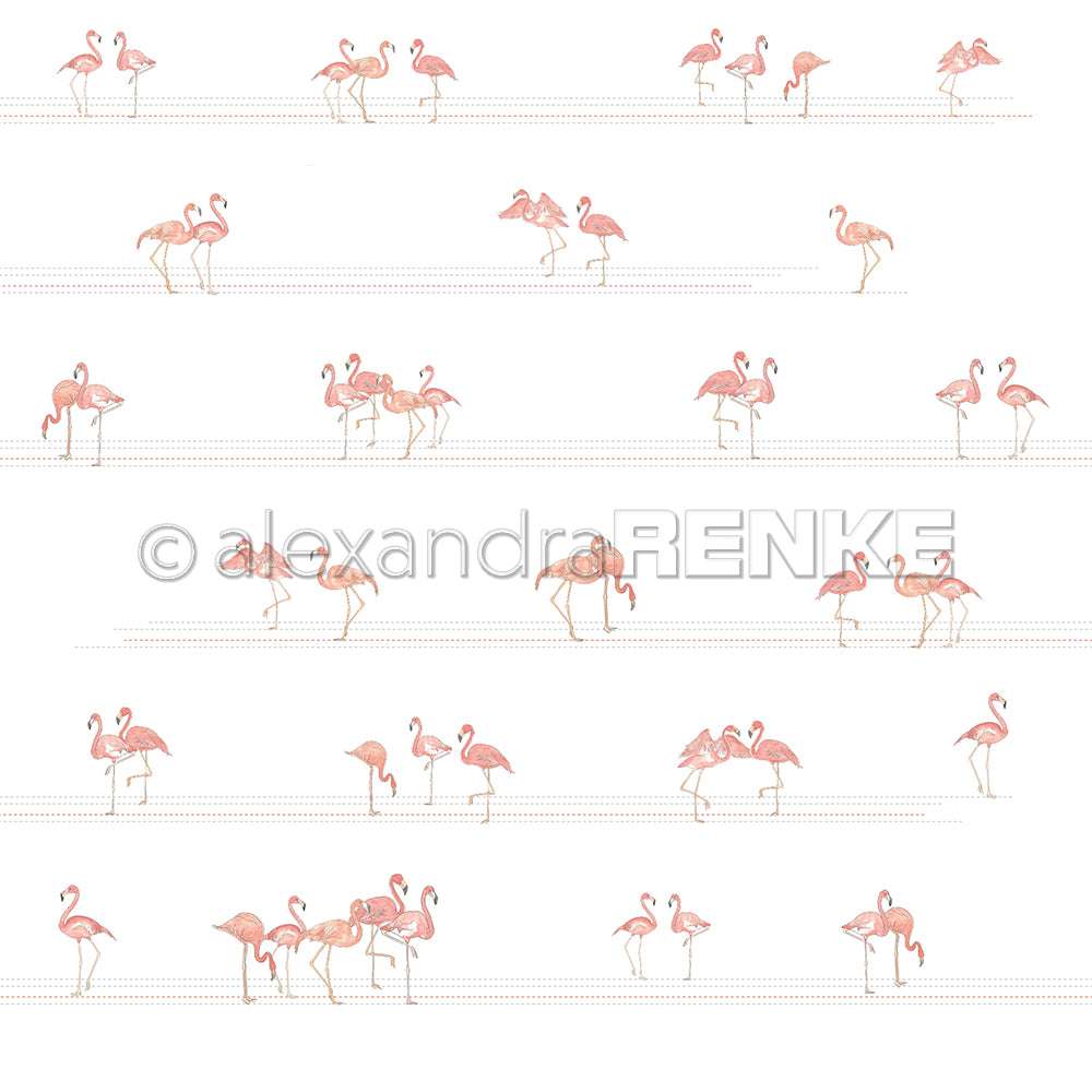 Reihen von illustrierten rosa Flamingos in Paaren und kleinen Gruppen auf weißem Hintergrund mit schwachen gepunkteten Linien, perfekt als einzigartiges Designpapier von Alexandra Renke.