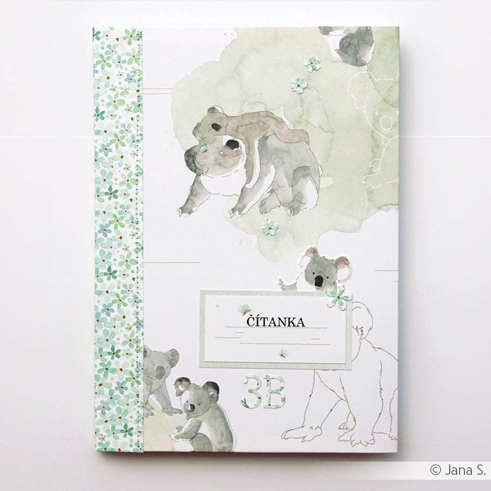 Notizbucheinband von Alexandra Renke mit aquarellierten Koalas, einer grünen Blumenbordüre und dem tschechischen Label Čítanka 3B - ideal für Papierbasteleien oder als einzigartiges Designerpapier.