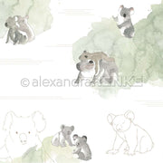 Koalas im Aquarell-Stil, einzeln oder paarweise, auf Weiß mit grünen Akzenten - perfekt für Designpapier oder einzigartige Grußkarten. Von Alexandra Renke.