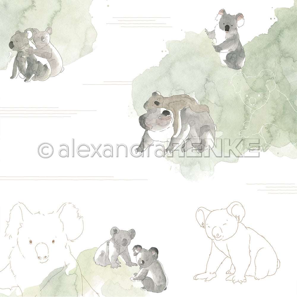 Koalas im Aquarell-Stil, einzeln oder paarweise, auf Weiß mit grünen Akzenten - perfekt für Designpapier oder einzigartige Grußkarten. Von Alexandra Renke.
