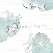 Aquarellillustration von Mantarochen mit grünen Wolken und geometrischen Umrissen von Alexandra Renke - ideal für Designpapier, Grußkarten oder Buchbinderei-Projekte.