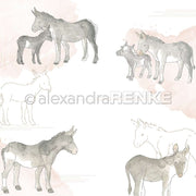 Aquarell-Illustrationen von Eseln, einige mit Fohlen, auf weißem Hintergrund mit hellrosa Akzenten von Alexandra Renke - ideal für Grußkarten oder einzigartige Designpapierprojekte.