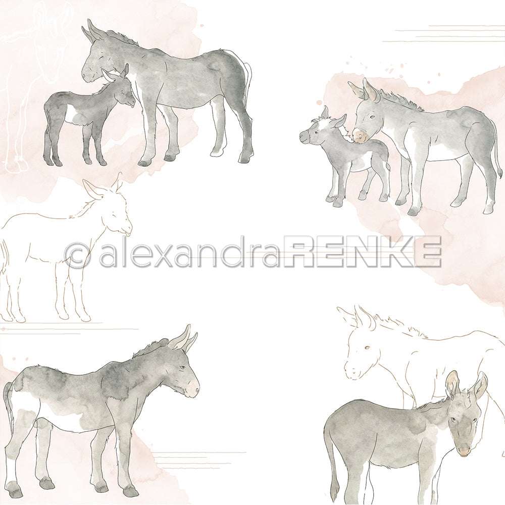 Aquarell-Illustrationen von Eseln, einige mit Fohlen, auf weißem Hintergrund mit hellrosa Akzenten von Alexandra Renke - ideal für Grußkarten oder einzigartige Designpapierprojekte.