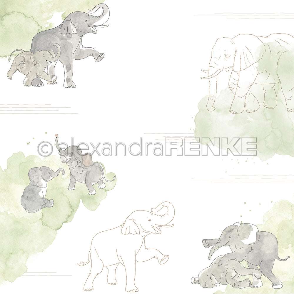 Aquarell-Illustrationen von verspielten Elefanten und Kälbern auf Weiß mit grünen Sprenkeln von Alexandra Renke - perfekt für Papierprojekte oder einzigartige Designpapier-Kreationen.