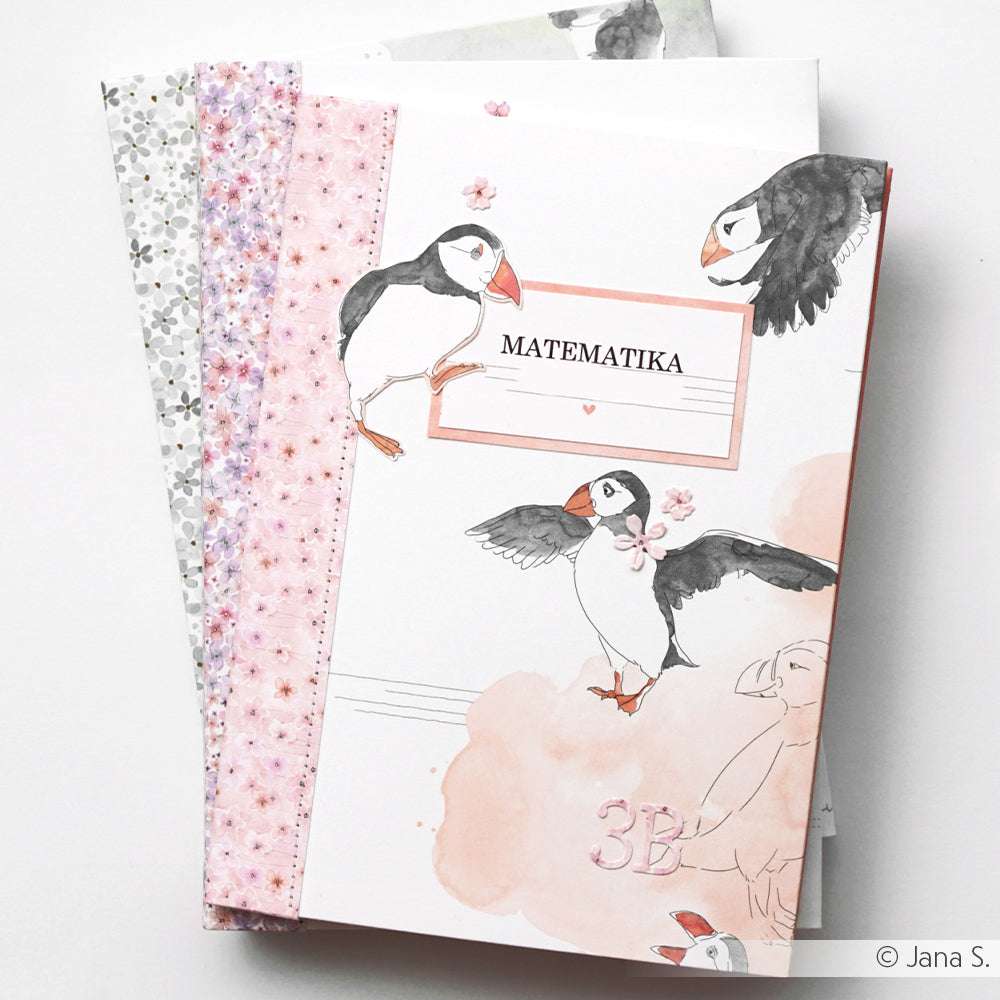 Dieses Set aus drei Alexandra Renke Notizbüchern zeigt Aquarell-Blumen- und Papageientaucher-Motive auf hochwertigem Designpapier, wobei der obere Teil mit MATEMATIKA beschriftet ist - ideal für stilvolle Papierprojekte.
