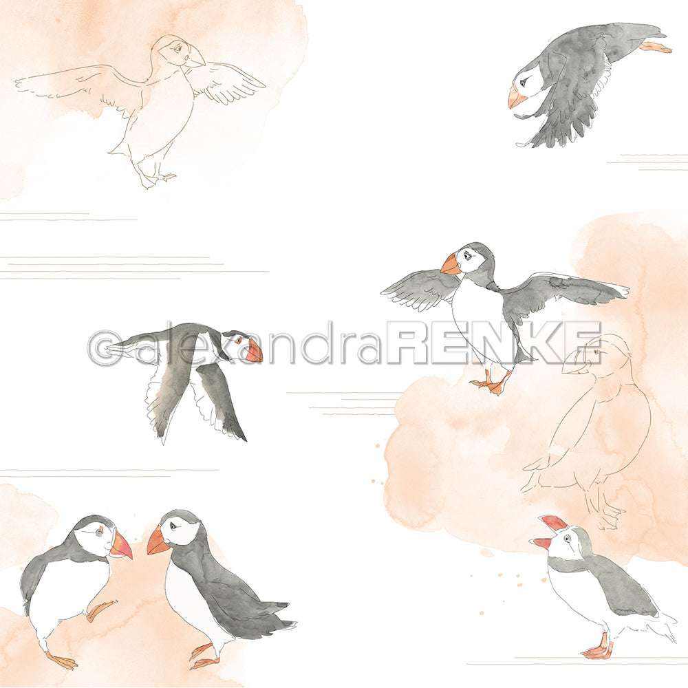 Aquarell- und Skizzen-Taucher-Illustrationen von Alexandra Renke mit zart orangefarbenen Hintergründen in fliegenden, stehenden und gehenden Posen - perfekt für Grußkarten oder als Designpapier für kreative Papierprojekte.