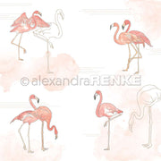 Die Flamingo-Illustrationen von Alexandra Renke im Aquarellstil stehen und laufen auf einem weißen Hintergrund mit blassrosa Sprenkeln - das perfekte Designpapier für Ihre nächsten Papierprojekte.