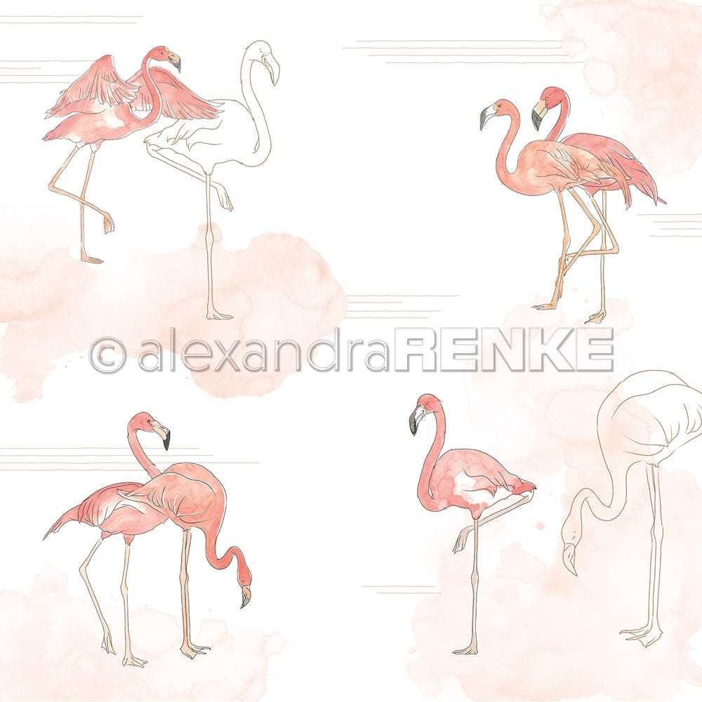 Die Flamingo-Illustrationen von Alexandra Renke im Aquarellstil stehen und laufen auf einem weißen Hintergrund mit blassrosa Sprenkeln - das perfekte Designpapier für Ihre nächsten Papierprojekte.