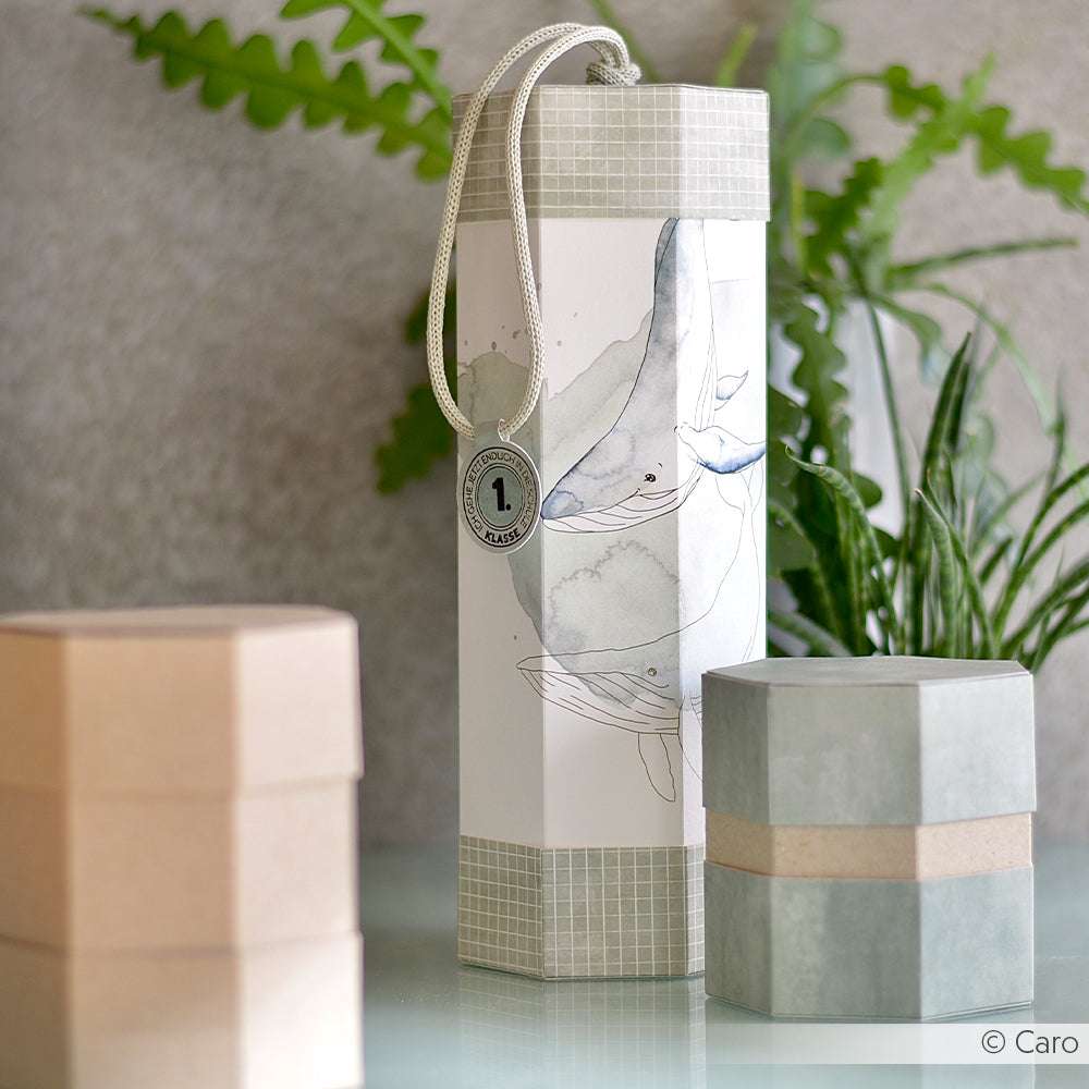 Hohe zylindrische Geschenkbox von Alexandra Renke mit einer Illustration von Wale auf Aquarell auf Designpapier, zwei kleineren Boxen in der Nähe und grünen Blättern im Hintergrund.