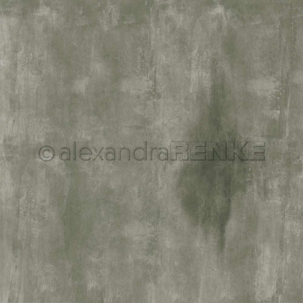 Abstrakter, strukturierter grün-grauer Hintergrund mit einem dunkleren vertikalen Fleck auf der rechten Seite, perfekt für Papierprojekte, Designpapier oder Buchbinderei. Mit Alexandra Renke-Branding und sichtbarem Wasserzeichen.