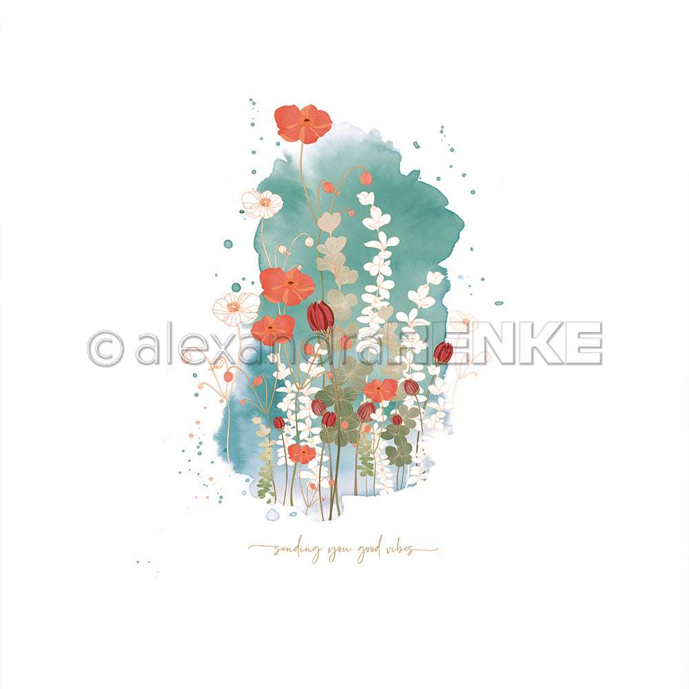 Illustration von Wildblumen in Rot, Weiß und Grün auf einem aquarellierten Hintergrund - ideal für einzigartige Papierprojekte oder Designpapier von Alexandra Renke.