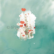 Rote und weiße Wildblumen in Aquarellfarben auf einem abstrakten Hintergrund in Grün und Petrol - dieses Designpapier von Alexandra Renke verleiht Buchbinderei und Papierprojekten einen zarten, künstlerischen Touch. Perfekt, um Ihren kreativen Arbeiten Eleganz zu verleihen.
