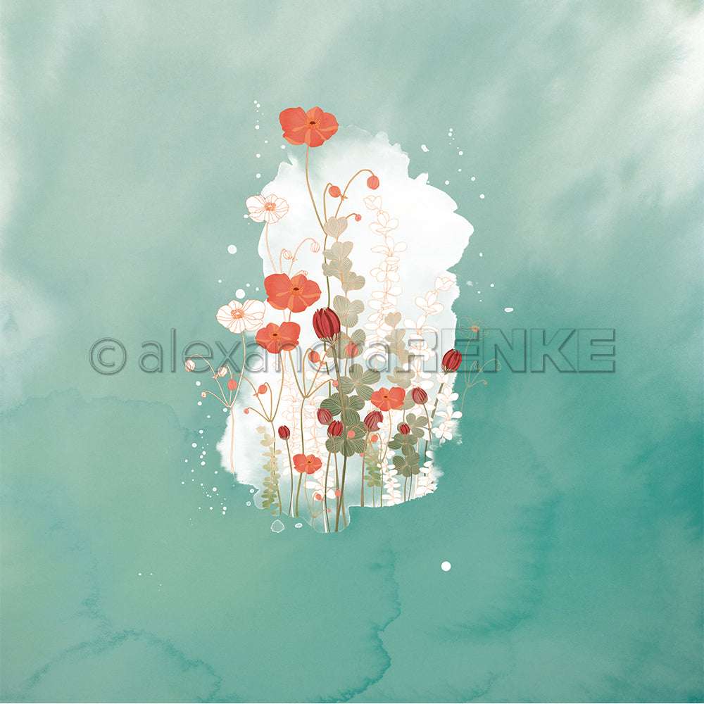 Rote und weiße Wildblumen in Aquarellfarben auf einem abstrakten Hintergrund in Grün und Petrol - dieses Designpapier von Alexandra Renke verleiht Buchbinderei und Papierprojekten einen zarten, künstlerischen Touch. Perfekt, um Ihren kreativen Arbeiten Eleganz zu verleihen.