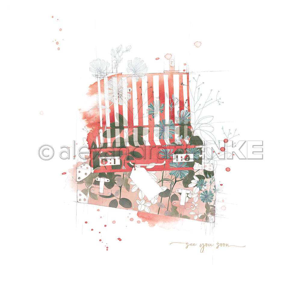 Illustration einer gestreiften Bank mit floralen Mustern und Pflanzen von Alexandra Renke, ideal für Papierprojekte oder Grußkarten, mit dem Schriftzug "see you soon" darunter.