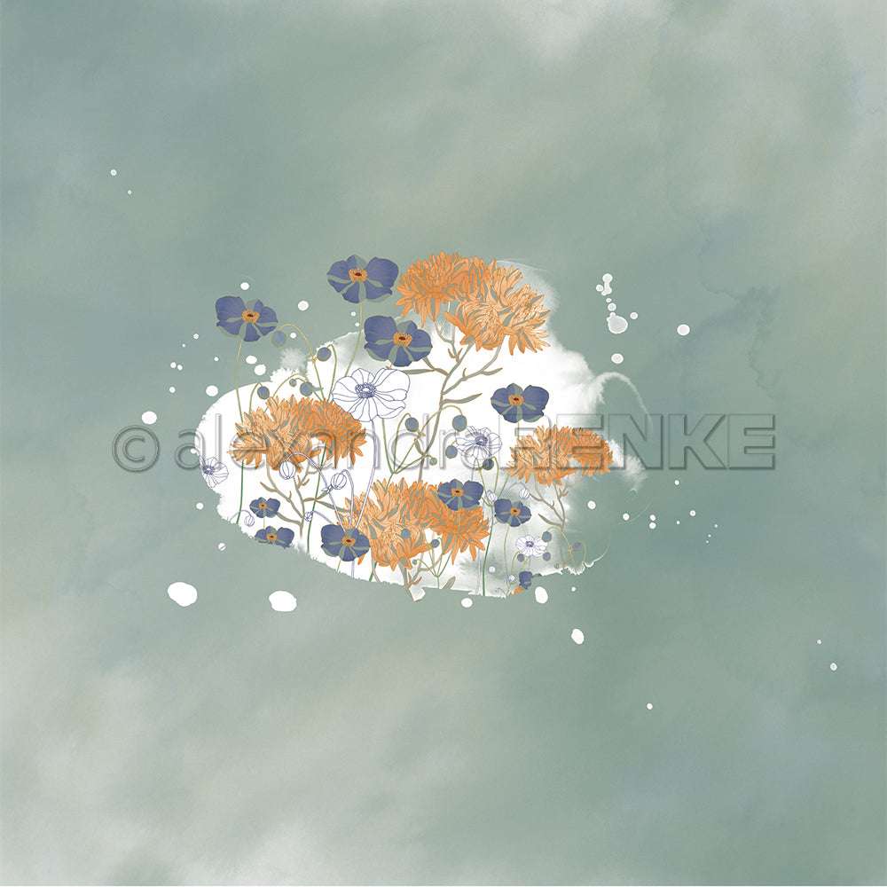 Zarte orange und blaue Wildblumen mit weißen Spritzern auf zartgrünem Aquarell-Alexandra Renke Designpapier, ideal für Buchbinderei oder einzigartige Papierprojekte.
