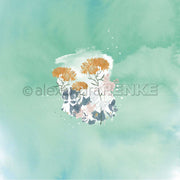 Orangefarbene und rosafarbene Blumen mit grauen Blättern auf einem sanften aquamarinfarbenen Hintergrund von Alexandra Renke - ideal für Papierprojekte oder Buchbinderei.