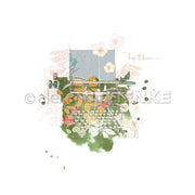 Illustration einer blumigen Schreibmaschine von Alexandra Renke, umgeben von Blumen und abstrakten grünen und rosa Aquarellfarben - ideal für Designpapier oder inspirierende Papierprojekte.