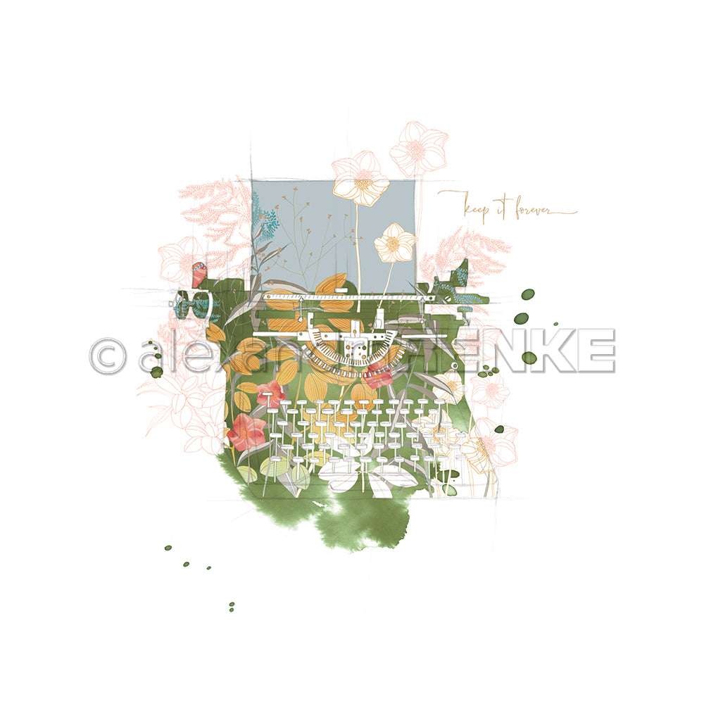 Illustration einer blumigen Schreibmaschine von Alexandra Renke, umgeben von Blumen und abstrakten grünen und rosa Aquarellfarben - ideal für Designpapier oder inspirierende Papierprojekte.