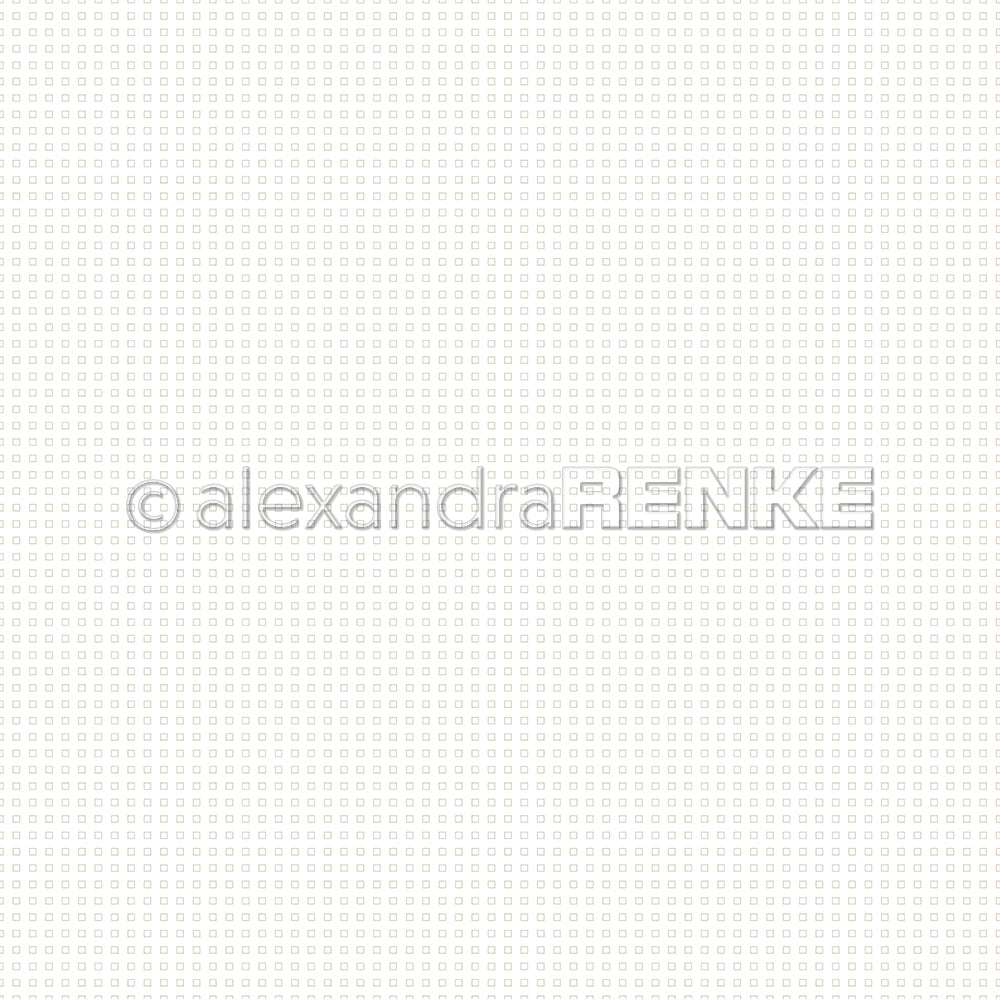 Kleine, gleichmäßig verteilte, hellgraue, quadratische Symbole auf weißem Hintergrund - ideales Designpapier für die Buchbinderei oder kreative Papierprojekte von Alexandra Renke.