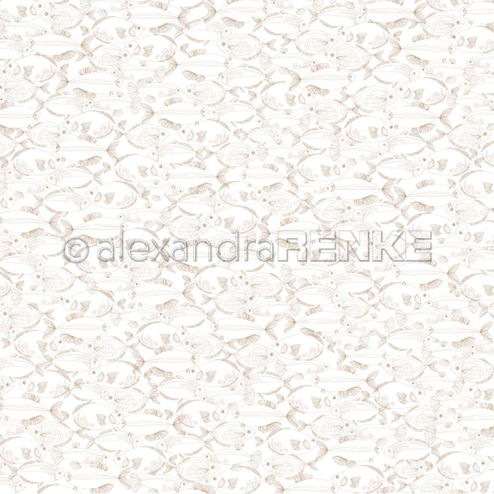 Nahtloses Muster von detaillierten, handgezeichneten Fischen in Hellbraun auf Weiß-Alexandra Renke Designpapier Fische Gold, perfekt für Buchbinderei oder kreative Papierprojekte.