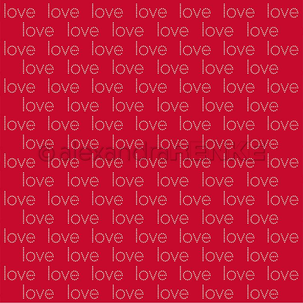 Das Wort Liebe wiederholt sich in gepunkteten Buchstaben auf einem Premiumrot-Hintergrund und bildet ein Gittermuster - perfektes Designpapier von Alexandra Renke für alle Ihre Papierprojekte.